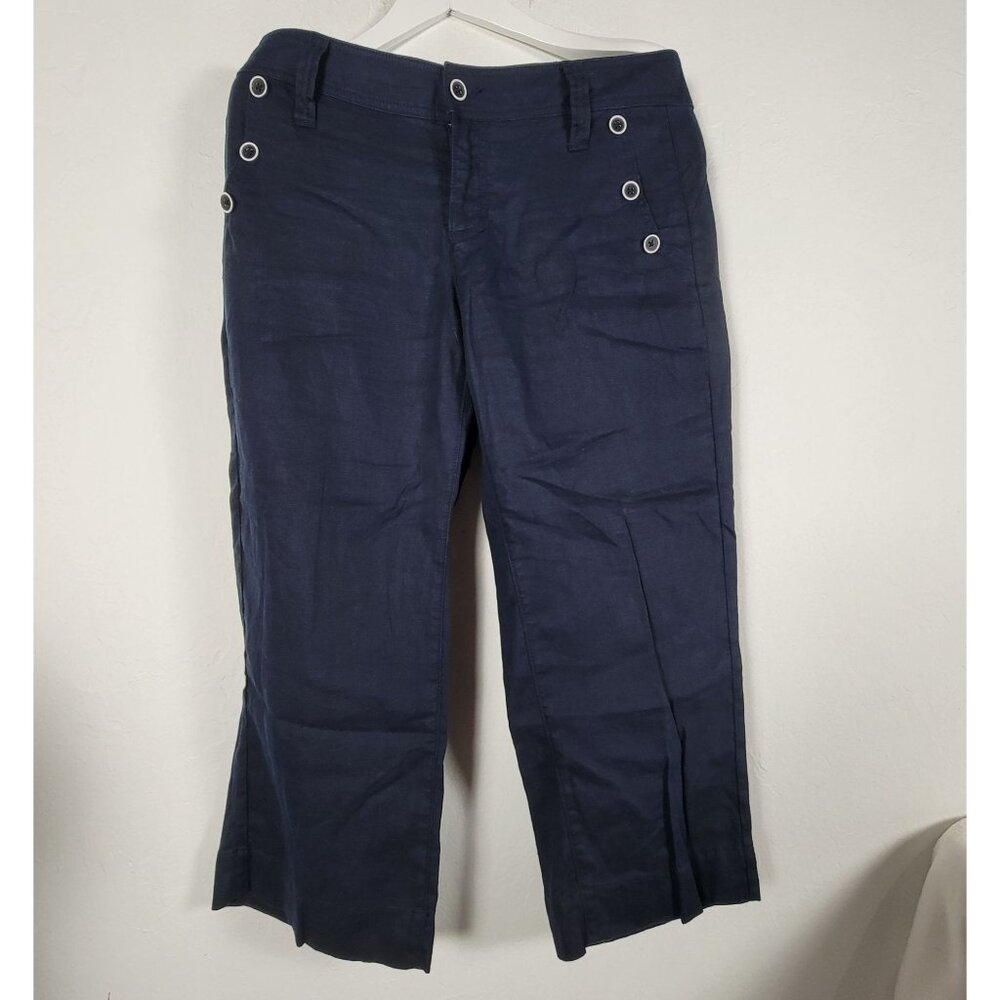 Cabi Women Navy Linen Straight Leg Cropped Pants Size 10 Nautical Button Accent